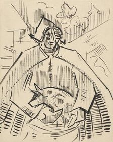 Man with a piglet, about 1942. Creator: Arnold Peter Weisz-Kubincan