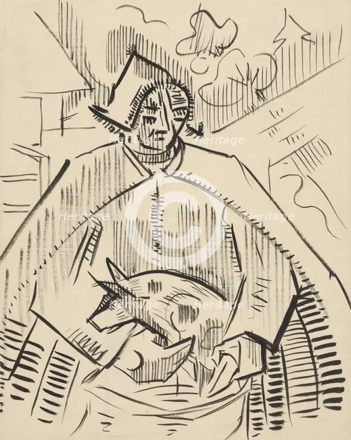 Man with a piglet, about 1942. Creator: Arnold Peter Weisz-Kubincan.
