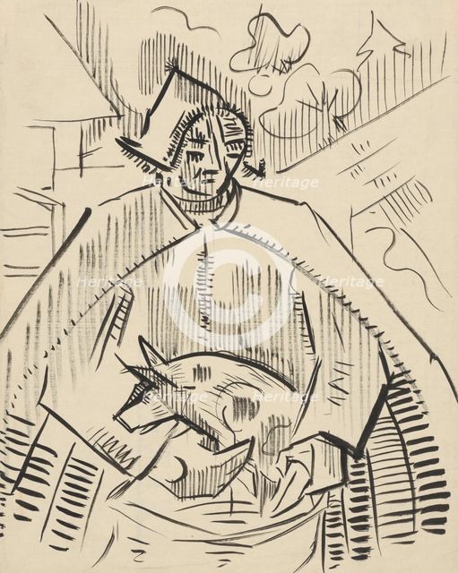 Man with a piglet, about 1942. Creator: Arnold Peter Weisz-Kubincan.