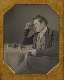 Man with a primitive calculating machine, about 1845. Creator: Unknown