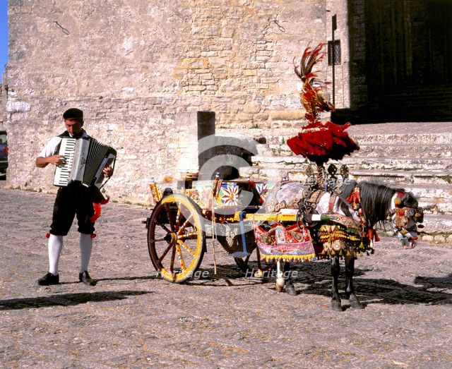 Man with accordion and decorated pony and cart, Erice, Sicily. Creator: Peter Thompson.