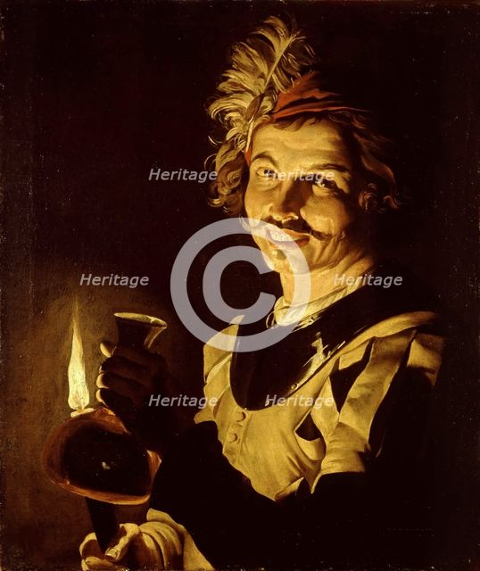 Man with burning candle and carafe of wine, 1640-1650. Creator: Stomer, Matthias (ca.1600-after 1650).