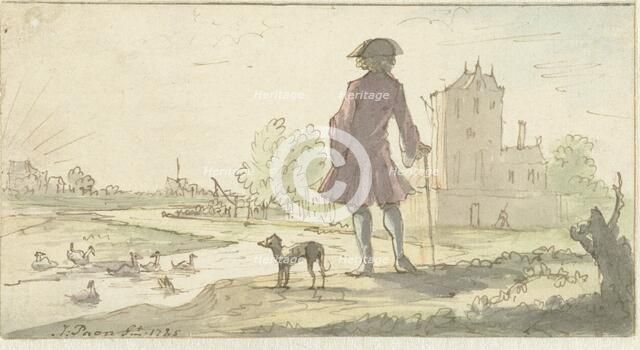 Man with dog near water, 1682-1708.  Creator: J. Paon.