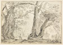 Man with Dog in Forest, n.d. Creator: Unknown