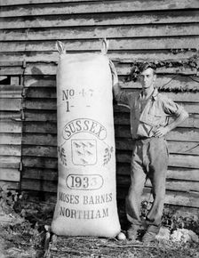 Man with hop sack at Great Dixter, East Sussex, 1933. Artist: Nathaniel Lloyd