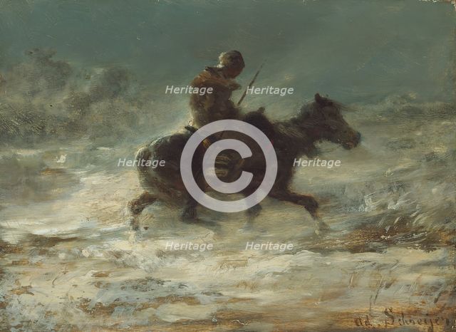 Man with Lance Riding through the Snow, c. 1880. Creator: Christian Adolf Schreyer.
