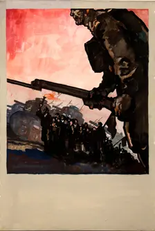 Man with lighted torch at head of a column of civilians, between 1939 and 1946. Creators: Unknown, Central Office of Information
