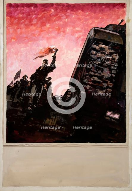 Man with lighted torch at head of a column of civilians, some carrying..., between 1939 and 1946. Creators: Unknown, Central Office of Information.