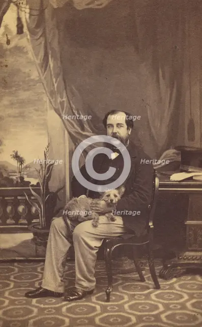 Man with Mustache and Muttonchops, seated with a dog on his lap, 1861-1864. Creator: Conway Weston Hart.