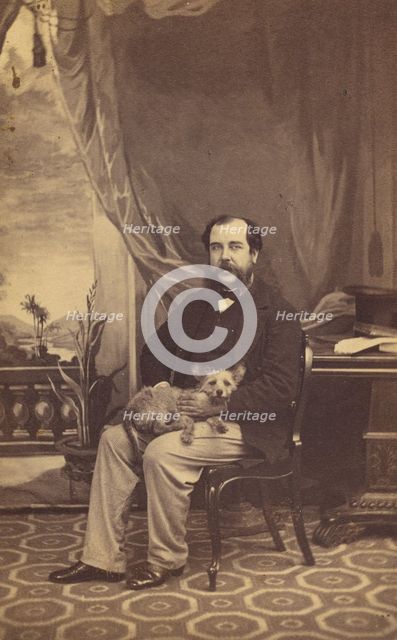 Man with Mustache and Muttonchops, seated with a dog on his lap, 1861-1864. Creator: Conway Weston Hart.