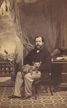 Man with Mustache and Muttonchops, seated with a dog on his lap, 1861-1864. Creator: Conway Weston Hart