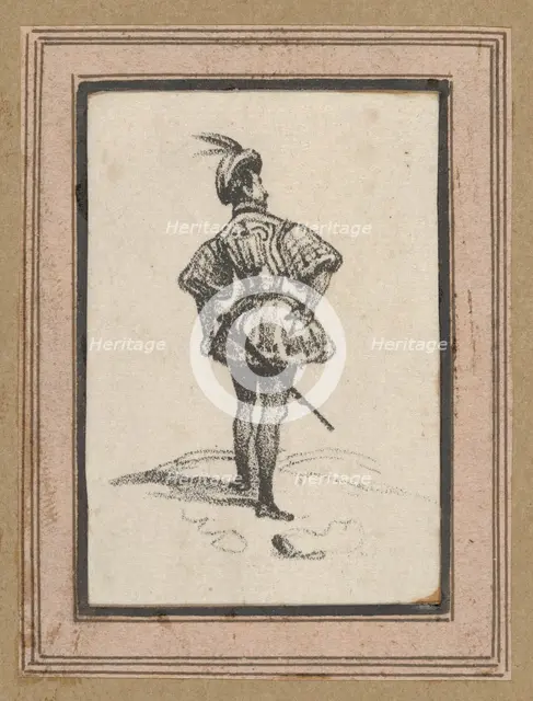 Man with sword and feathered hat, viewed from the back, mid-19th century. Creator: Victor Adam.