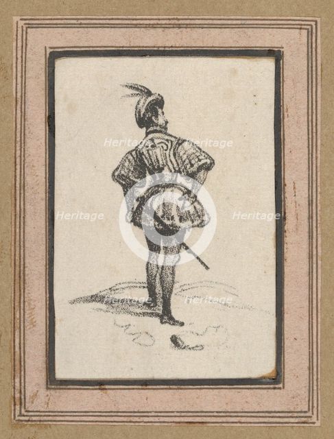 Man with sword and feathered hat, viewed from the back, mid-19th century. Creator: Victor Adam.