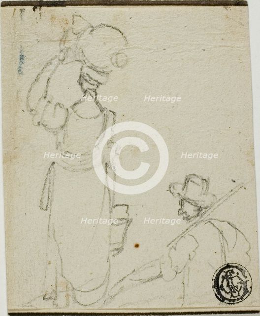 Man with Pole Following Woman with Jug on Head, n.d. Creator: Unknown.