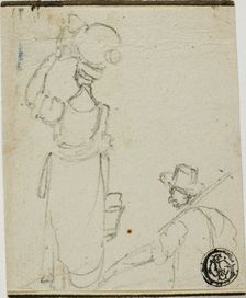 Man with Pole Following Woman with Jug on Head, n.d. Creator: Unknown