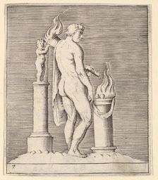 Man with Torch between Flaming Altar and Statuette, published ca. 1599-1622. Creator: Unknown