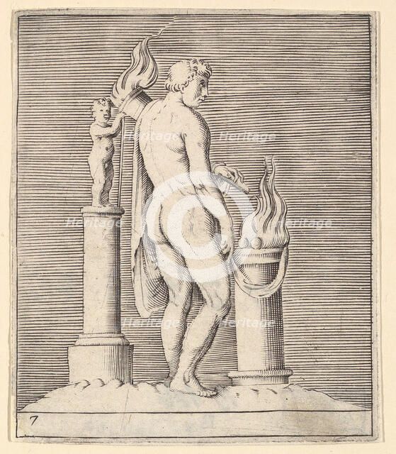Man with Torch between Flaming Altar and Statuette, published ca. 1599-1622. Creator: Unknown.