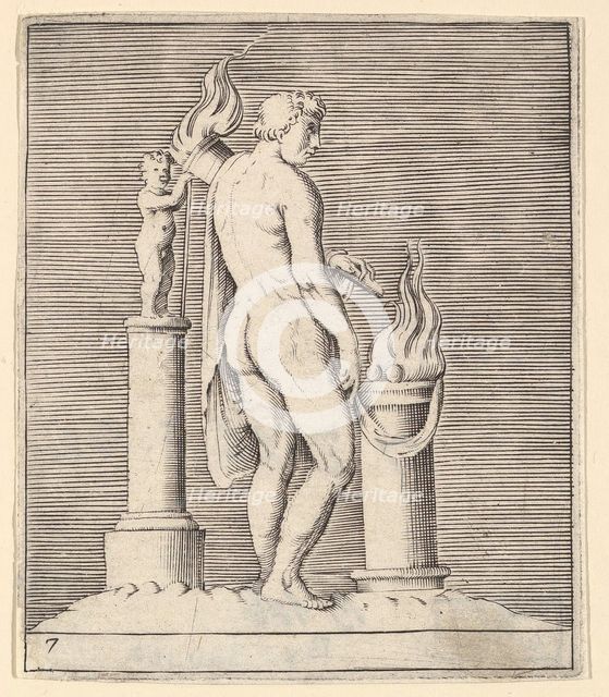 Man with Torch between Flaming Altar and Statuette, published ca. 1599-1622. Creator: Unknown.