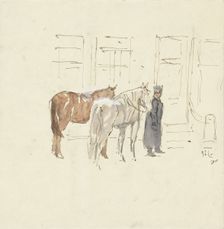 Man with two horses in front of a building, 1915. Creator: Adolf le Comte
