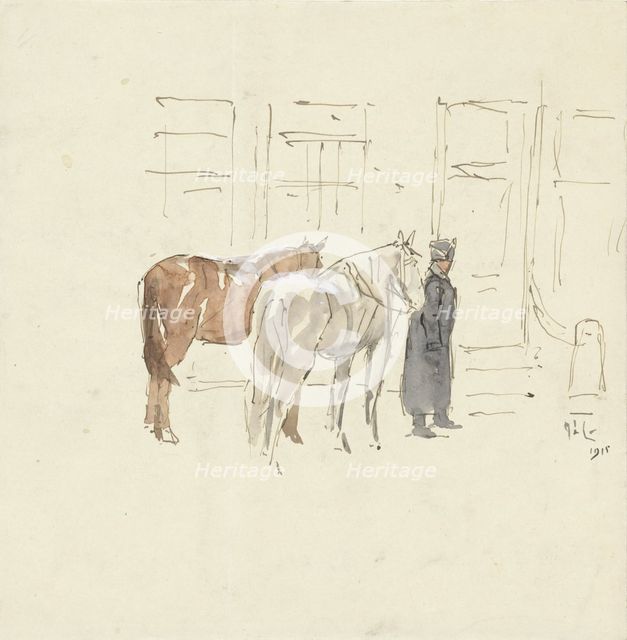 Man with two horses in front of a building, 1915. Creator: Adolf le Comte.