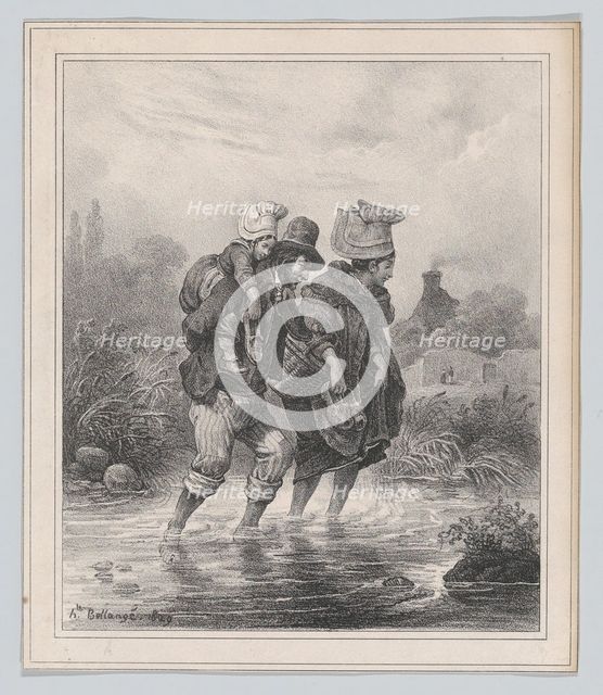 Man, Woman and Child Crossing a Stream, 1829. Creator: Hippolyte Bellangé.