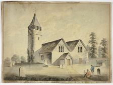 Man, Woman and Child in Churchyard Cemetary, 1800-1899. Creator: Unknown