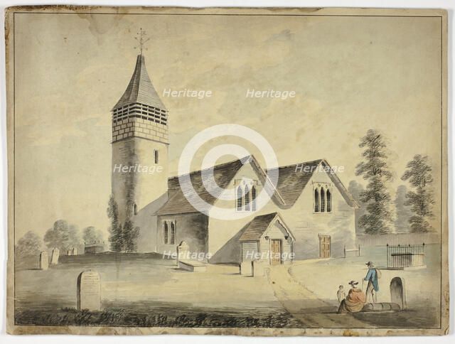 Man, Woman and Child in Churchyard Cemetary, 1800-1899. Creator: Unknown.