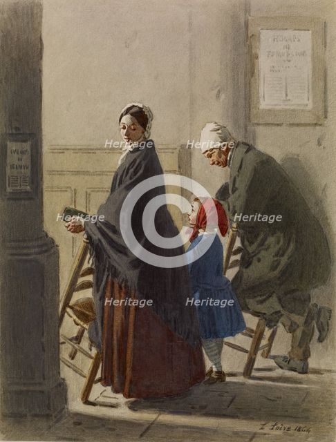Man, Woman, and Girl at Prayer in Church, 1864. Creator: Leon Henri Antoine Loire.