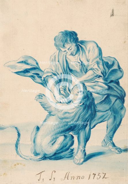 Man wrestling with a lion, 1752. Creator: Judas Thaddeus Supper.