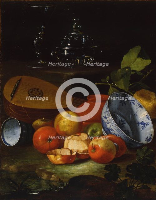 Mandolin, cup and bowl, porcelain, apples, 1706. Artist: Monari (Munari), Cristoforo (1667-1720)