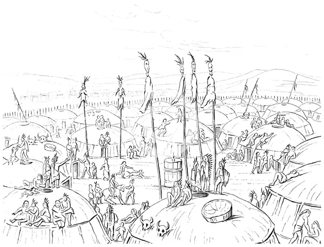 Mandan village, Upper Missouri, America, 1841.Artist: Myers and Co