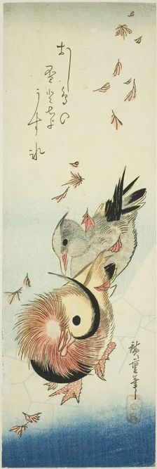 Mandarin ducks crossing icy pond amid falling leaves, 1830s. Creator: Ando Hiroshige
