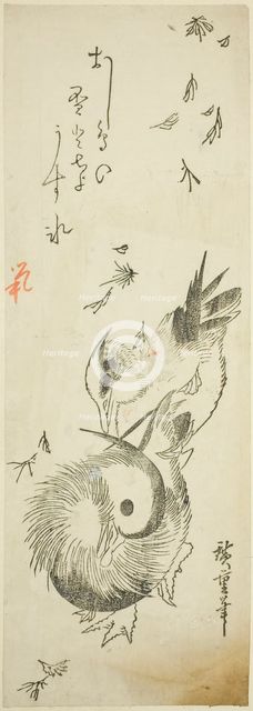 Mandarin ducks crossing icy pond amid falling leaves, 1830s. Creator: Ando Hiroshige.
