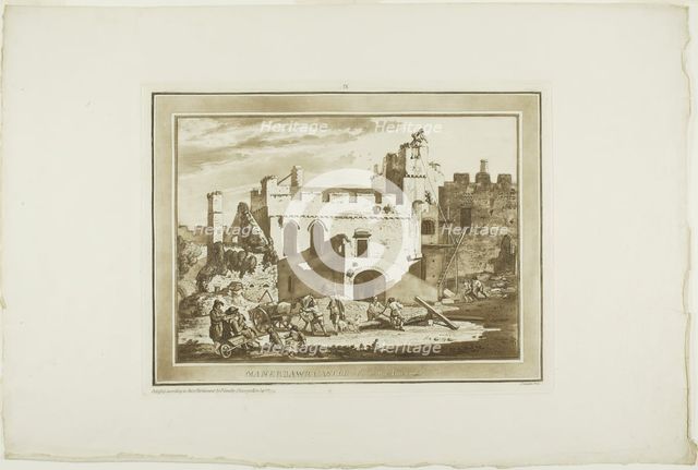 Manerbawr Castle, from Twelve Views in Aquatinta from Drawings taken...in South Wales,1775. Creator: Paul Sandby.