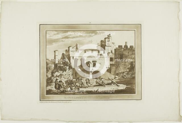 Manerbawr Castle, from Twelve Views in Aquatinta from Drawings taken...in South Wales,1775. Creator: Paul Sandby.