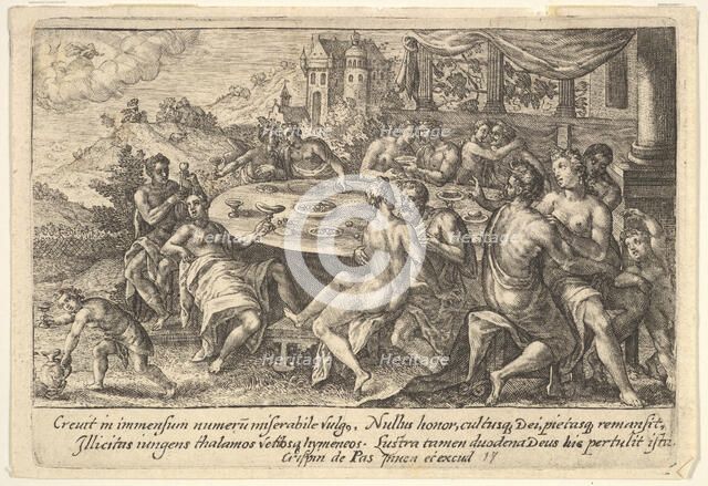 Mankind surrendering to lechery before the Flood: embracing couples on benches around a ta..., 1612. Creator: Crispijn de Passe I.