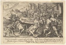 Mankind surrendering to lechery before the Flood: embracing couples on benches around a ta..., 1612. Creator: Crispijn de Passe I