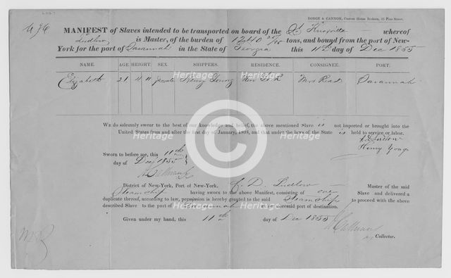 Manifest of Slaves intended to be transported on board the Knoxville...1855. Creator: Unknown.
