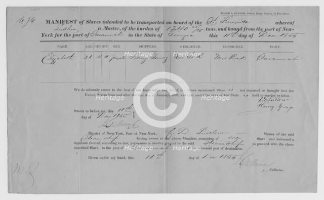 Manifest of Slaves intended to be transported on board the Knoxville...1855. Creator: Unknown.