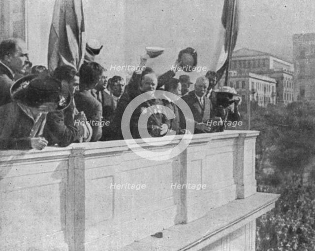 'Manifestations Francophiles en Grece; L'amiral Dartige du Fournet, du balcon de l'Hotel..., 1916. Creator: Unknown.