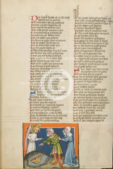Manoah and His Wife Offering a Meal to the Angel; Weltchronik, about 1400-1410. Creator: Unknown.