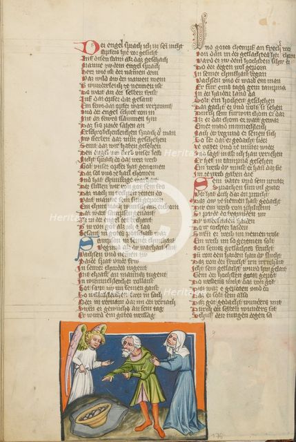 Manoah and His Wife Offering a Meal to the Angel; Weltchronik, about 1400-1410. Creator: Unknown.