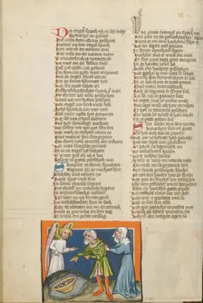 Manoah and His Wife Offering a Meal to the Angel; Weltchronik, about 1400-1410. Creator: Unknown