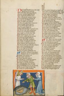 Manoah and His Wife Offering a Meal to the Angel; Weltchronik, about 1400-1410. Creator: Unknown