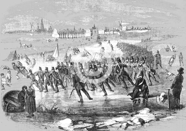 'Manoeuvres of a Regiment of Dutch Infantry upon the Ice, near Dordrecht', 1854. Creator: Unknown.