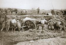 Manoeuvring a big gun in the mud, Somme campaign, France, World War I, 1916