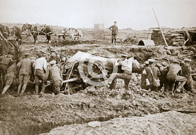 Manoeuvring a big gun in the mud, Somme campaign, France, World War I, 1916. Creator: Unknown.