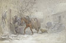 Manor house in winter, a horse being led into the stable by the coachman, 19th century. Creator: Heinrich Winter