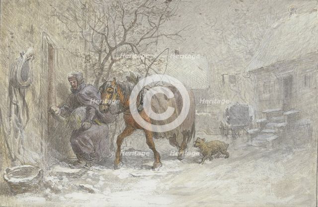 Manor house in winter, a horse being led into the stable by the coachman, 19th century. Creator: Heinrich Winter.