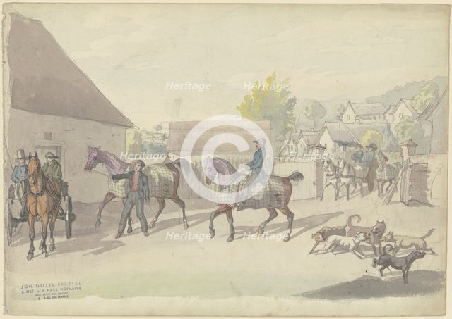 Manor house with horses and vehicles, 19th century. Creator: Johann Erdmann Gottlieb Prestel.